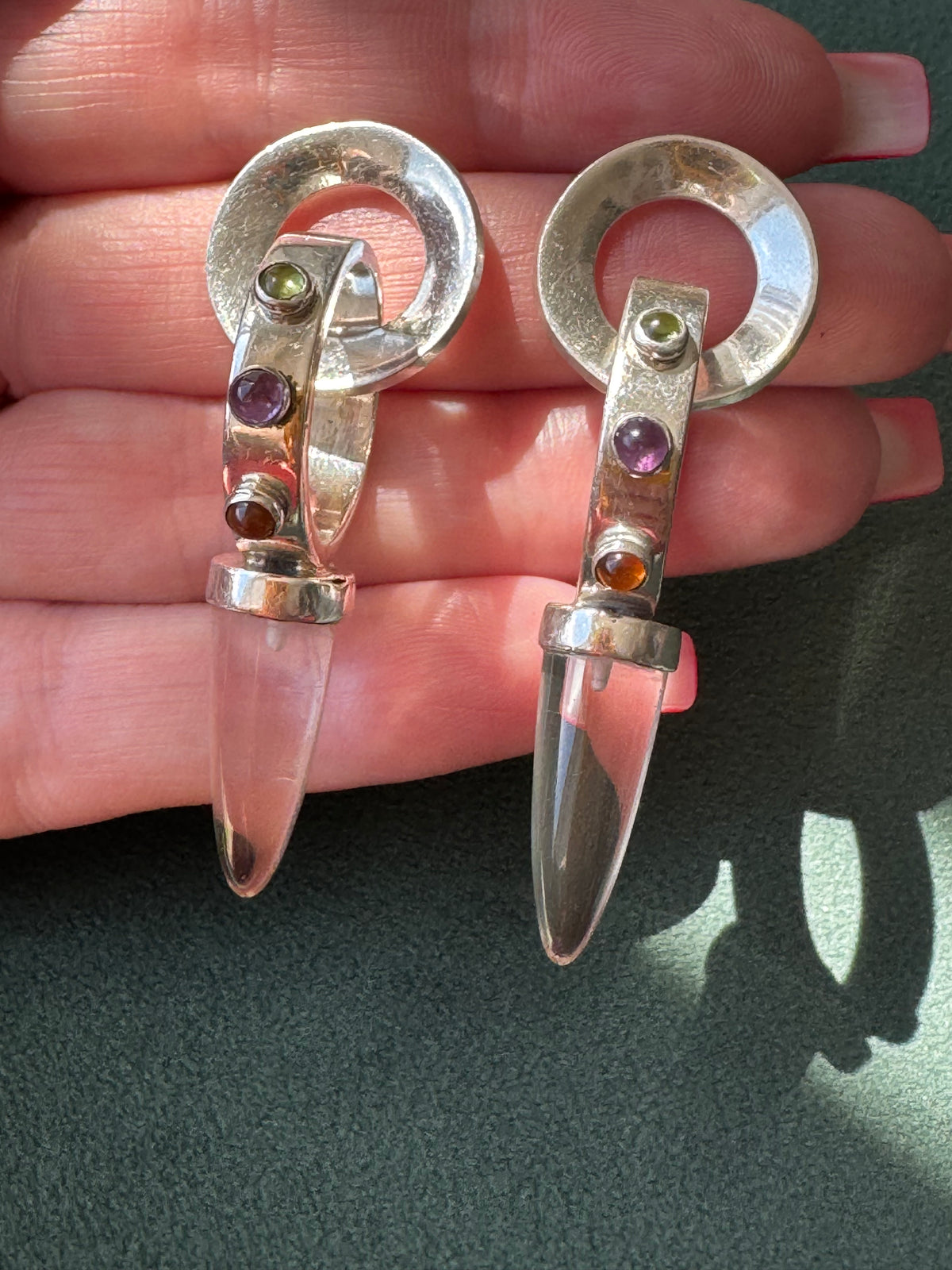 Sterling Silver Crystal Spike Earrings Multi Gemstone Scroll Top 1990s Y2K Modernist Statement Dangles