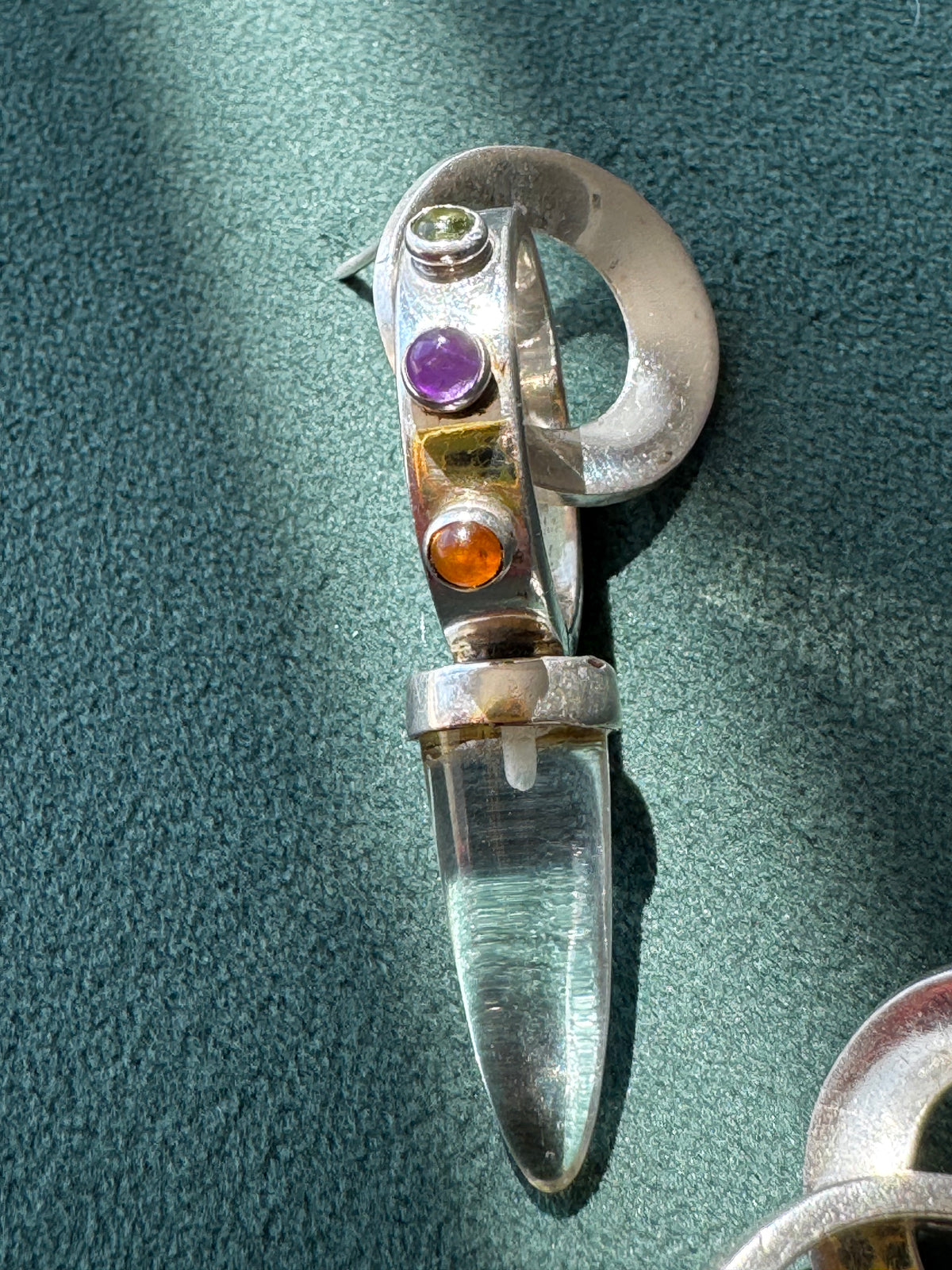 Sterling Silver Crystal Spike Earrings Multi Gemstone Scroll Top 1990s Y2K Modernist Statement Dangles
