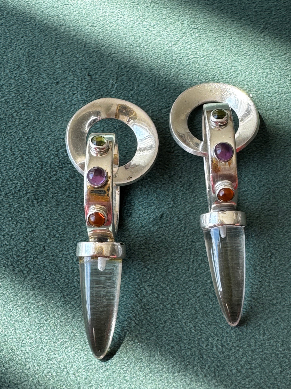 Sterling Silver Crystal Spike Earrings Multi Gemstone Scroll Top 1990s Y2K Modernist Statement Dangles