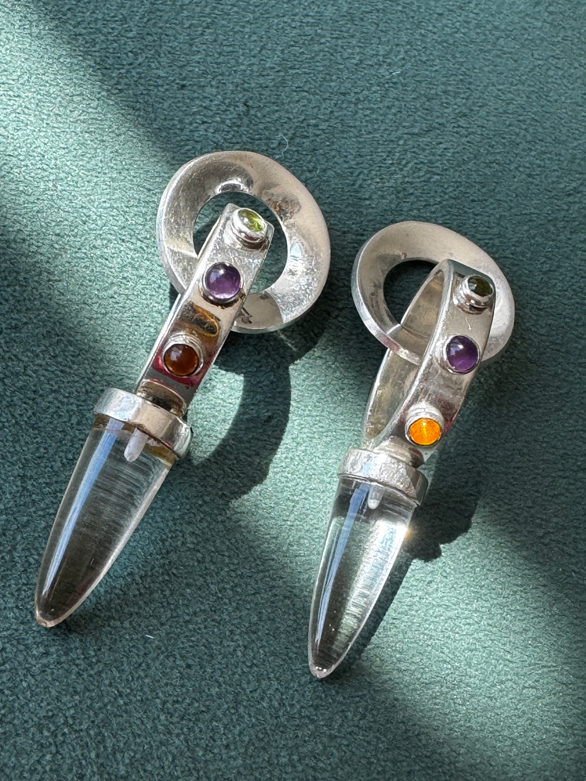 Sterling Silver Crystal Spike Earrings Multi Gemstone Scroll Top 1990s Y2K Modernist Statement Dangles