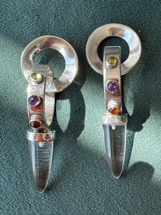 Sterling Silver Crystal Spike Earrings Multi Gemstone Scroll Top 1990s Y2K Modernist Statement Dangles