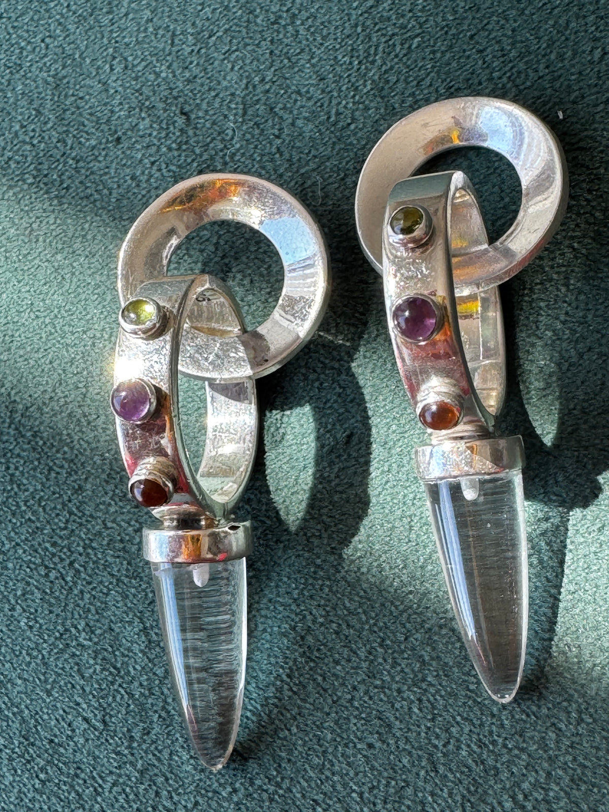 Sterling Silver Crystal Spike Earrings Multi Gemstone Scroll Top 1990s Y2K Modernist Statement Dangles