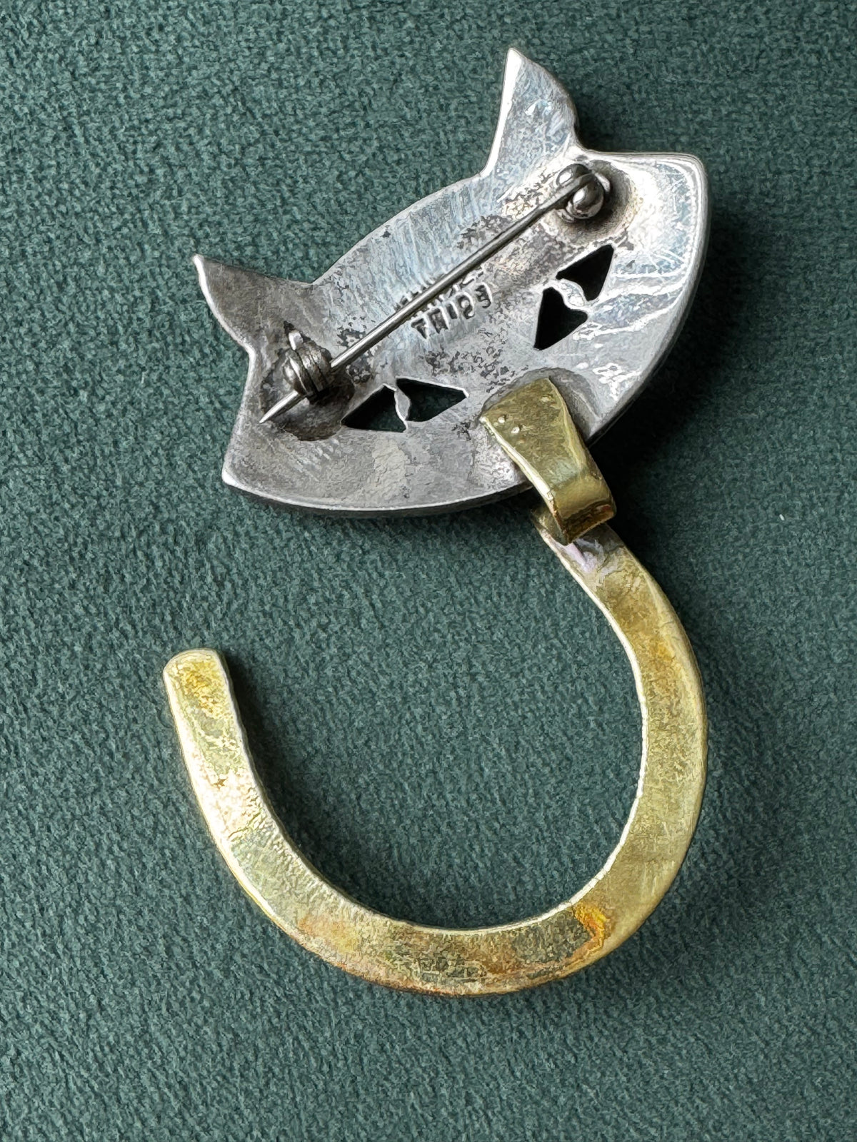 Vintage Taxco Mexico Sterling Silver and Brass Kitty Cat Brooch