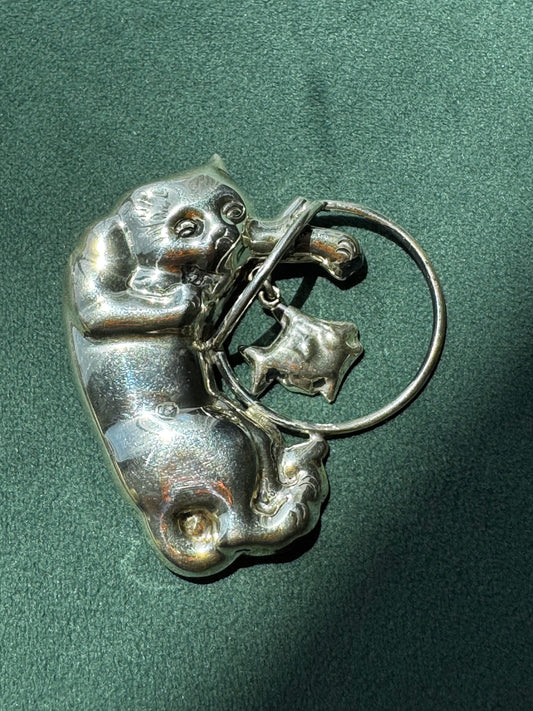 Vintage Mexican Sterling Silver Cat and Fishbowl Brooch with Dangling Fish CII Mexico 925