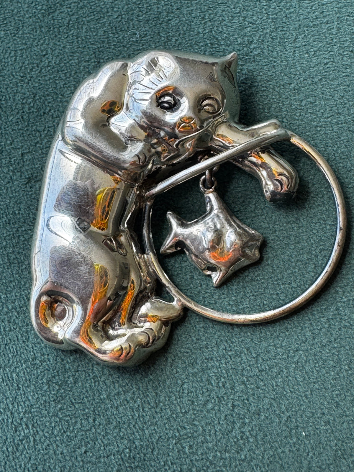 Vintage Mexican Sterling Silver Cat and Fishbowl Brooch with Dangling Fish CII Mexico 925