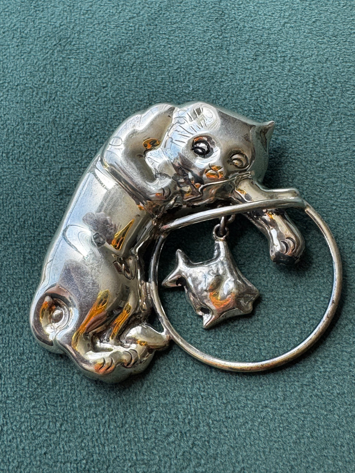 Vintage Mexican Sterling Silver Cat and Fishbowl Brooch with Dangling Fish CII Mexico 925