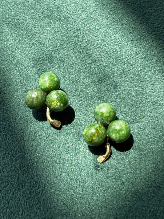 Vintage 14K Gold Connemara Marble Trefoil Clover Stud Earrings Irish Gemstone Shamrock Cabochon