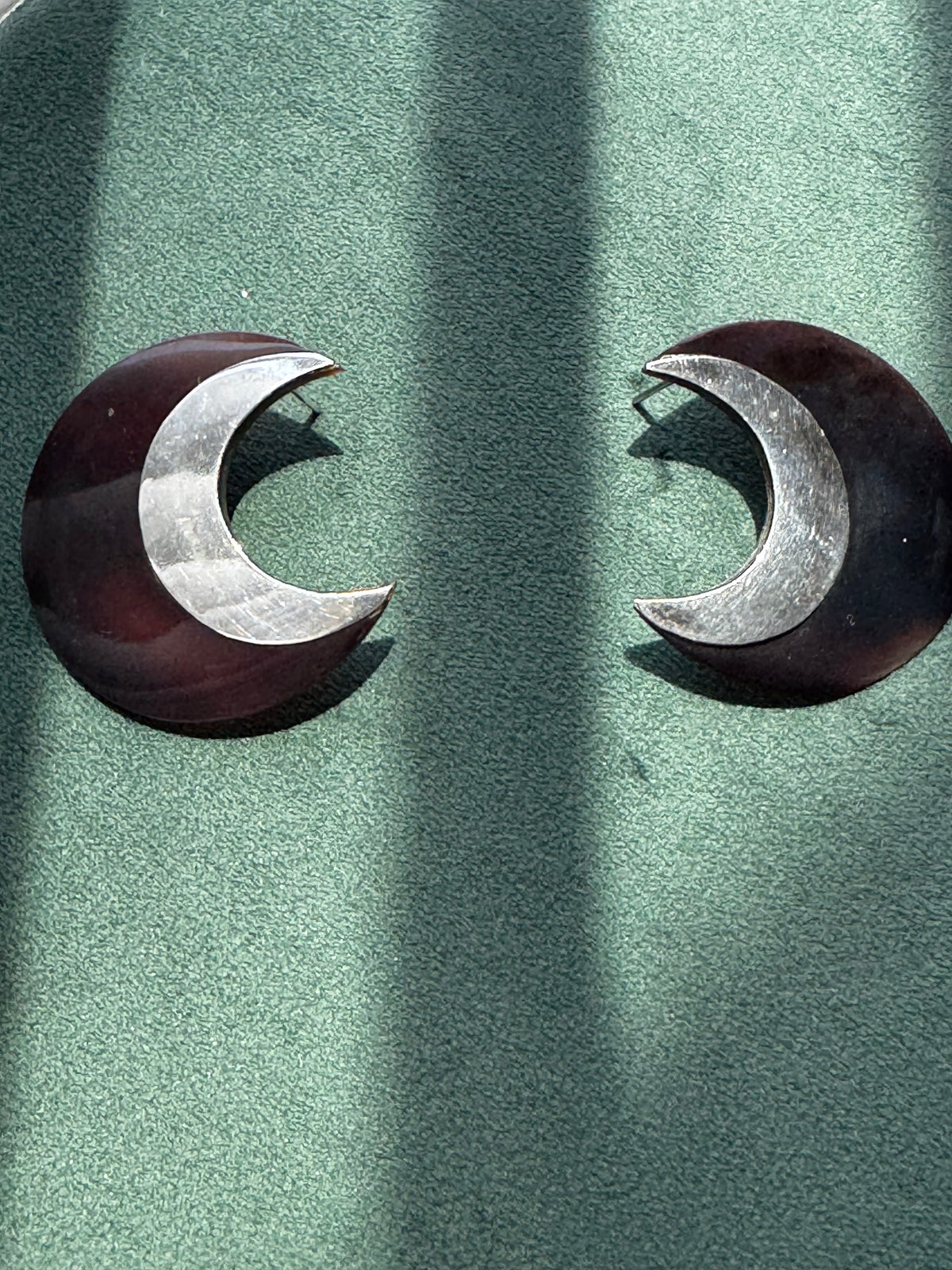 Vintage Sterling Silver Crescent Moon Post Earrings Dark Brown Two Tone Modernist Statement