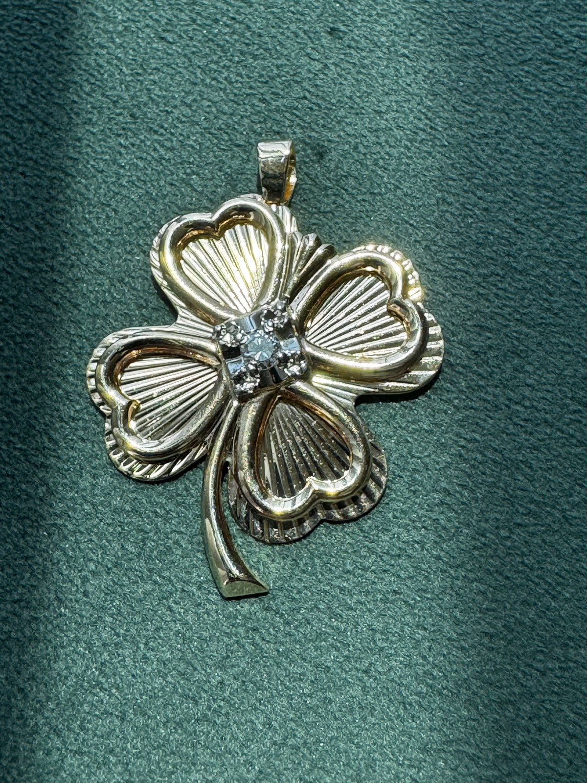 Vintage Tyrrell 10K Gold Diamond Four Leaf Clover Pendant Engine Turned 14K Bail