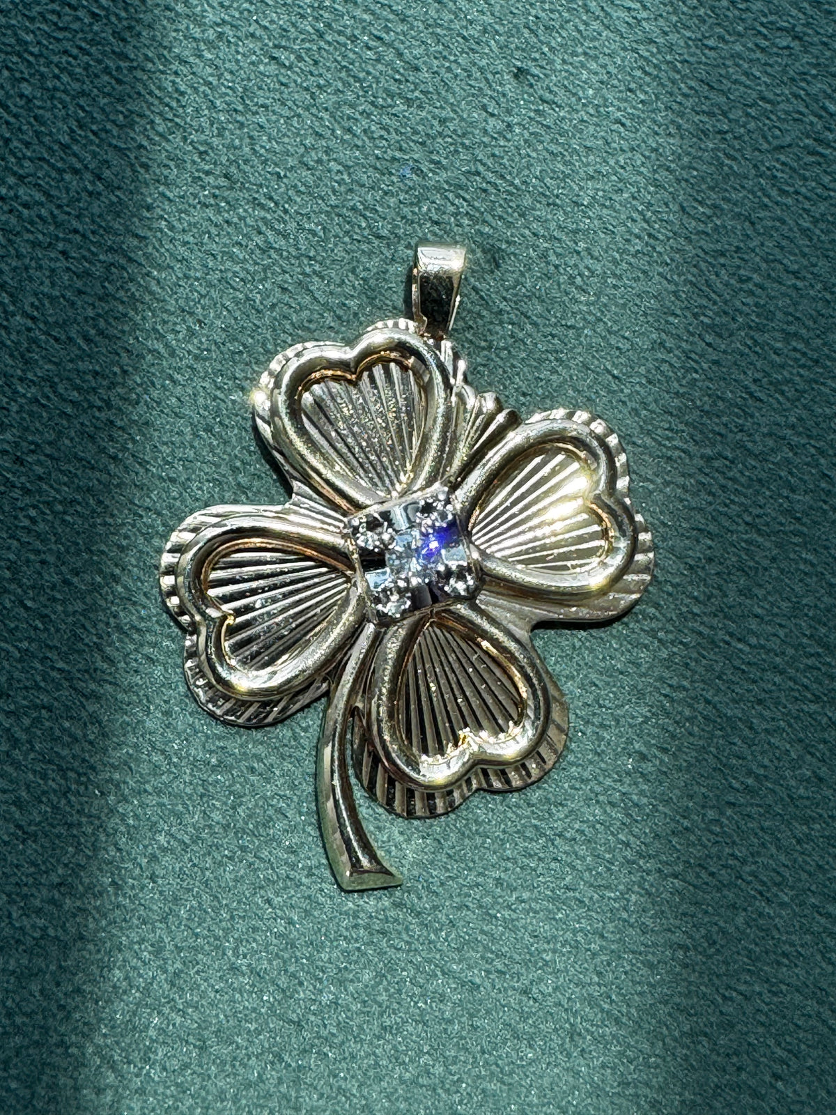 Vintage Tyrrell 10K Gold Diamond Four Leaf Clover Pendant Engine Turned 14K Bail