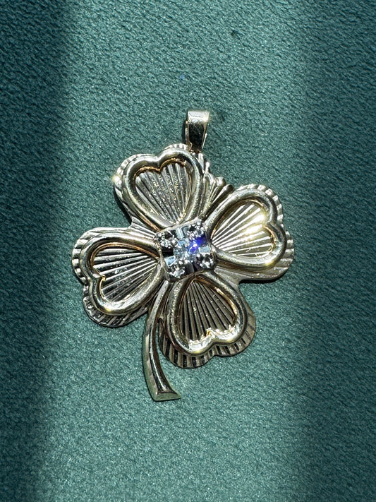 Vintage Tyrrell 10K Gold Diamond Four Leaf Clover Pendant Engine Turned 14K Bail