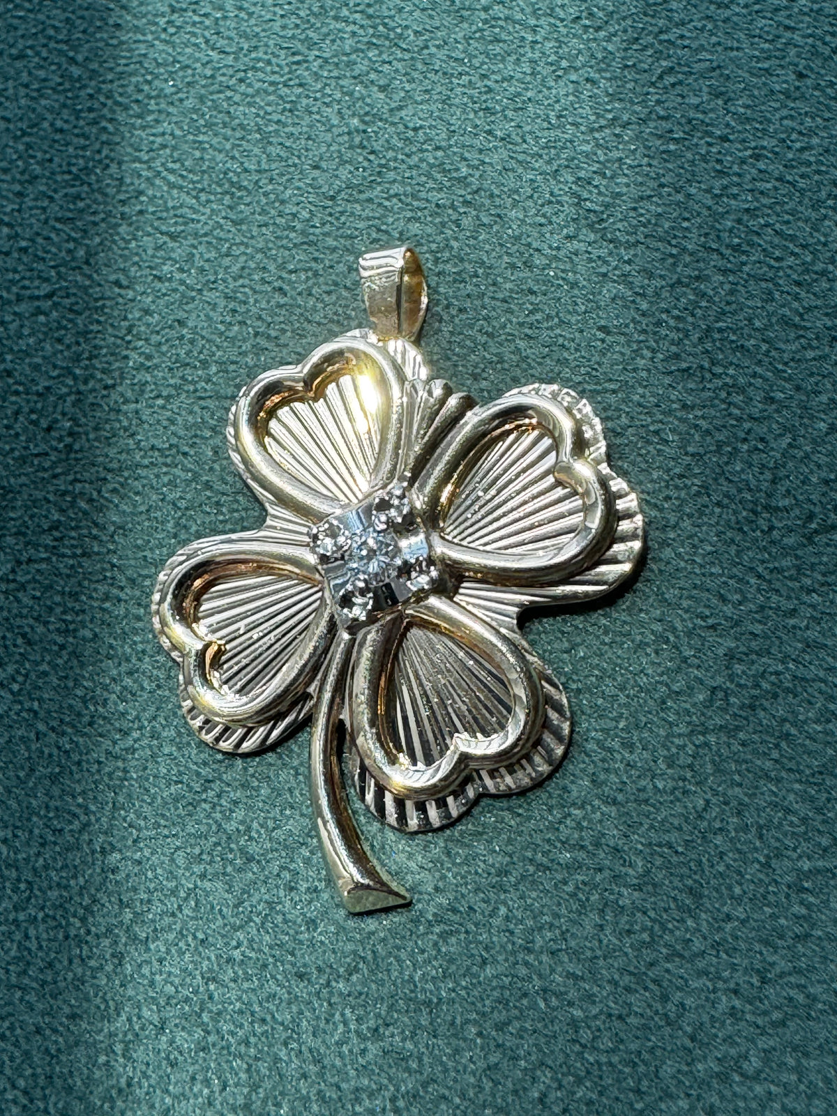 Vintage Tyrrell 10K Gold Diamond Four Leaf Clover Pendant Engine Turned 14K Bail