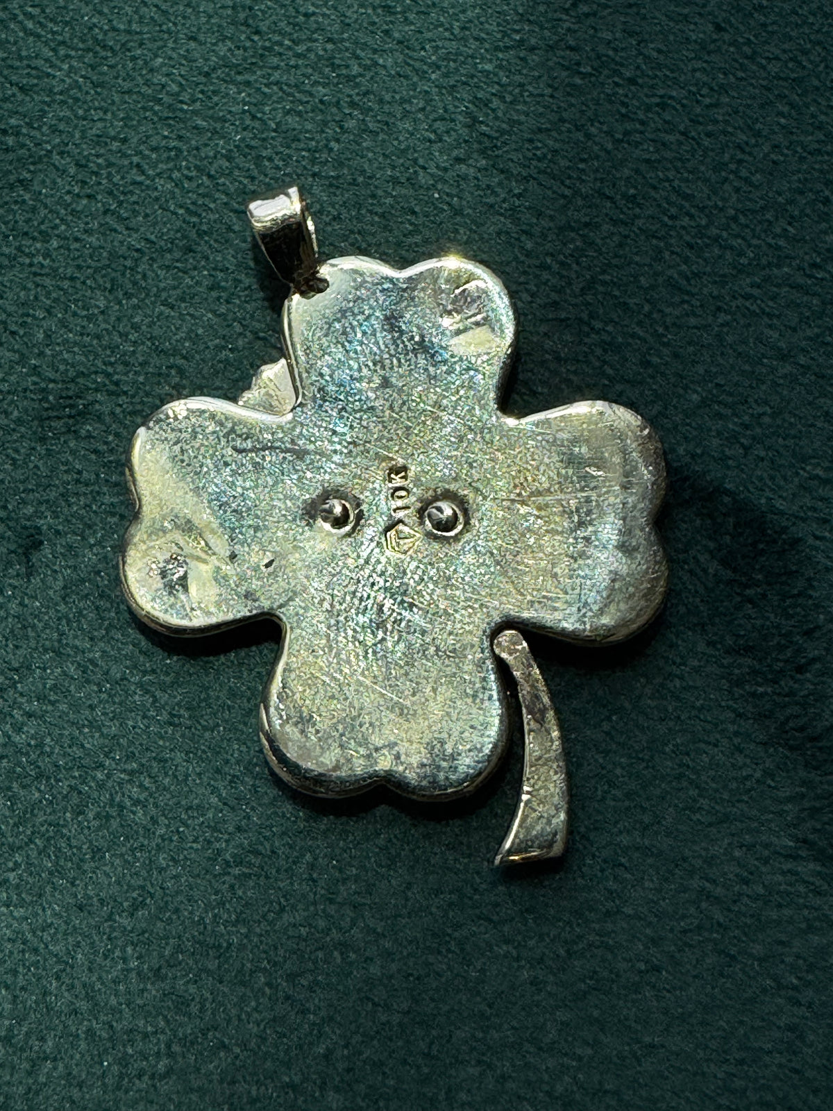 Vintage Tyrrell 10K Gold Diamond Four Leaf Clover Pendant Engine Turned 14K Bail