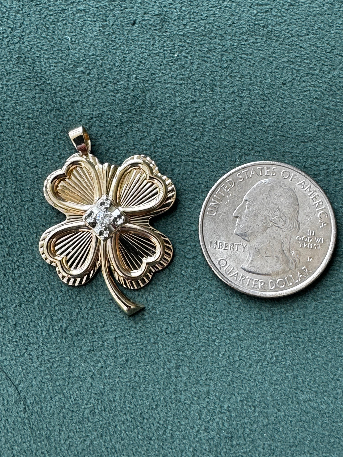 Vintage Tyrrell 10K Gold Diamond Four Leaf Clover Pendant Engine Turned 14K Bail