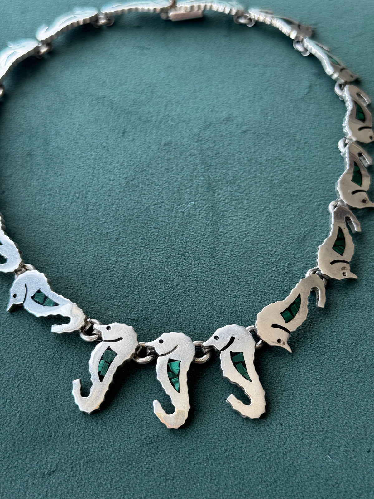 Vintage Mexico Sterling Silver Malachite Seahorse Link Necklace