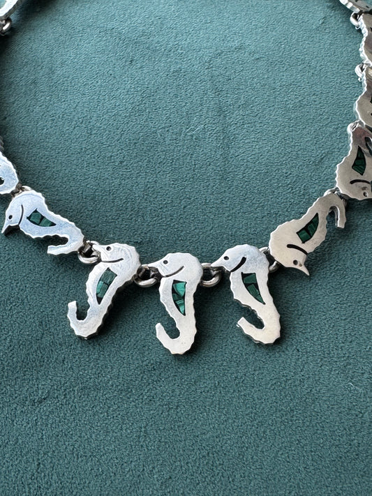 Vintage Mexico Sterling Silver Malachite Seahorse Link Necklace