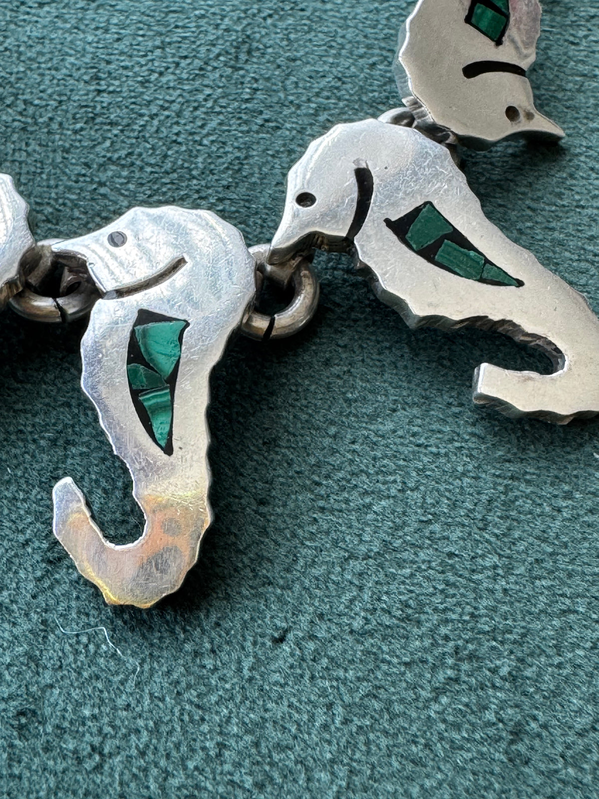 Vintage Mexico Sterling Silver Malachite Seahorse Link Necklace