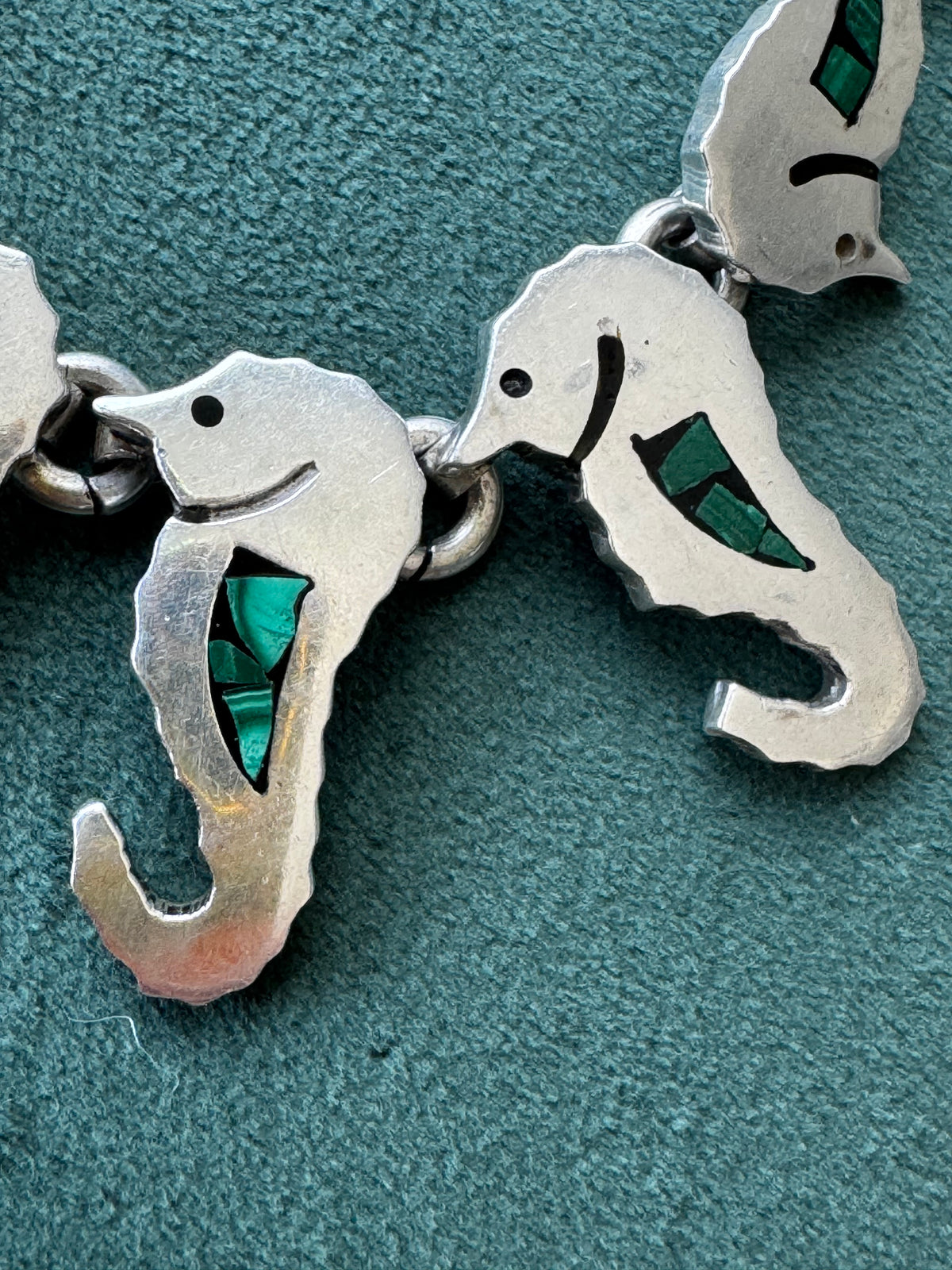 Vintage Mexico Sterling Silver Malachite Seahorse Link Necklace