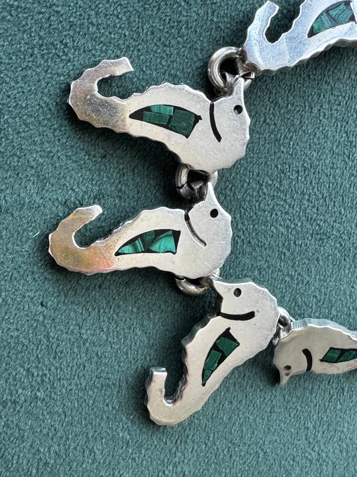 Vintage Mexico Sterling Silver Malachite Seahorse Link Necklace