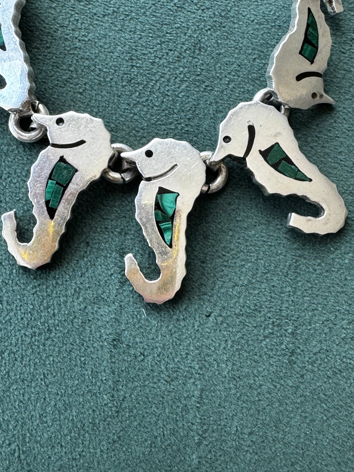 Vintage Mexico Sterling Silver Malachite Seahorse Link Necklace