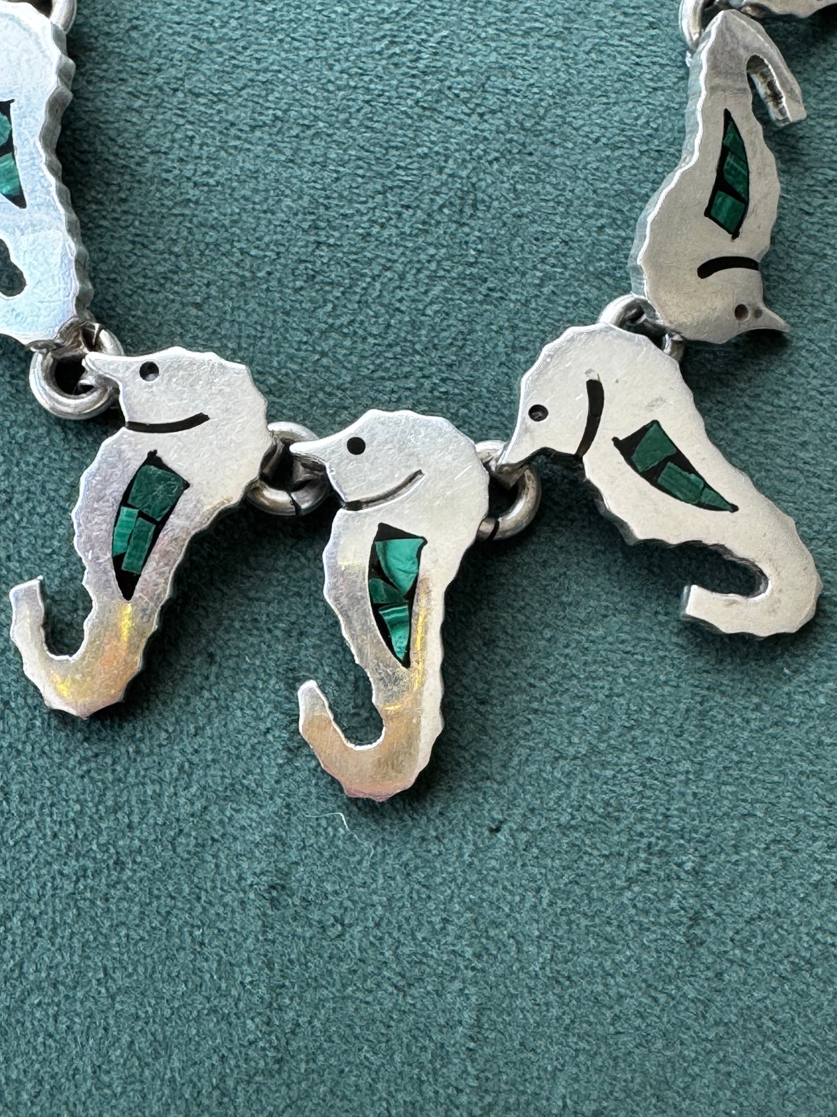 Vintage Mexico Sterling Silver Malachite Seahorse Link Necklace