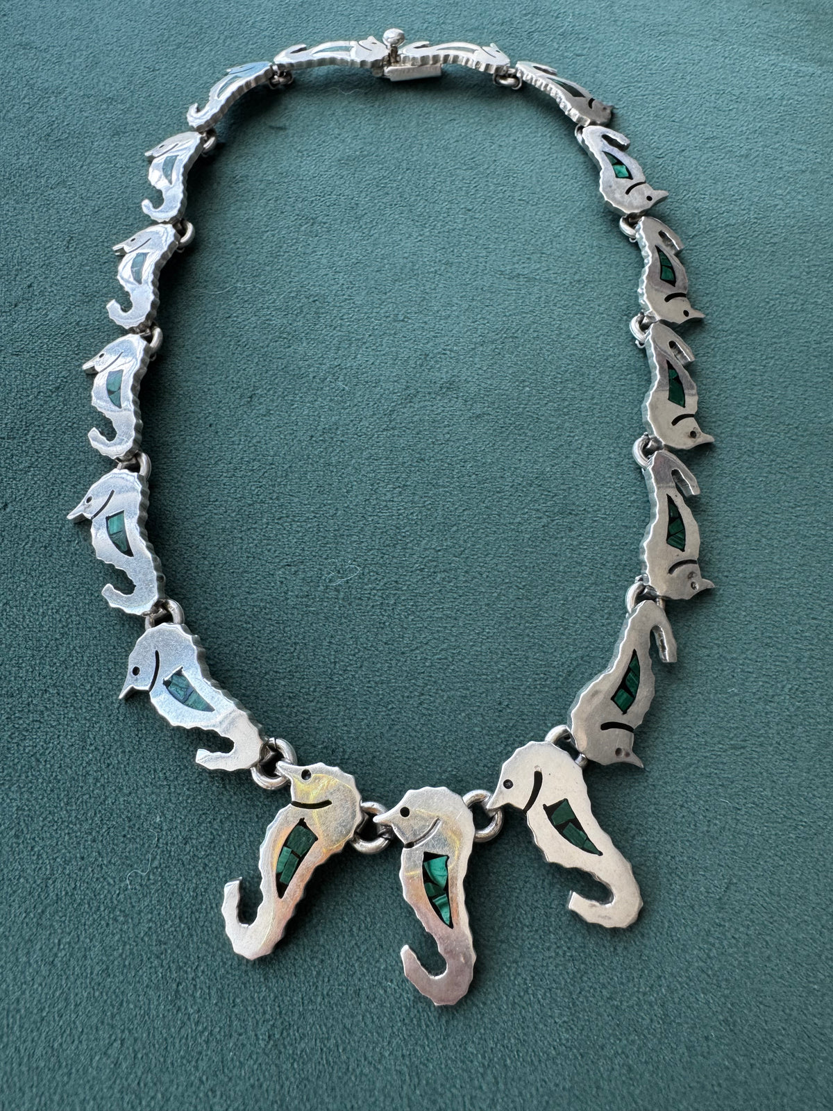 Vintage Mexico Sterling Silver Malachite Seahorse Link Necklace