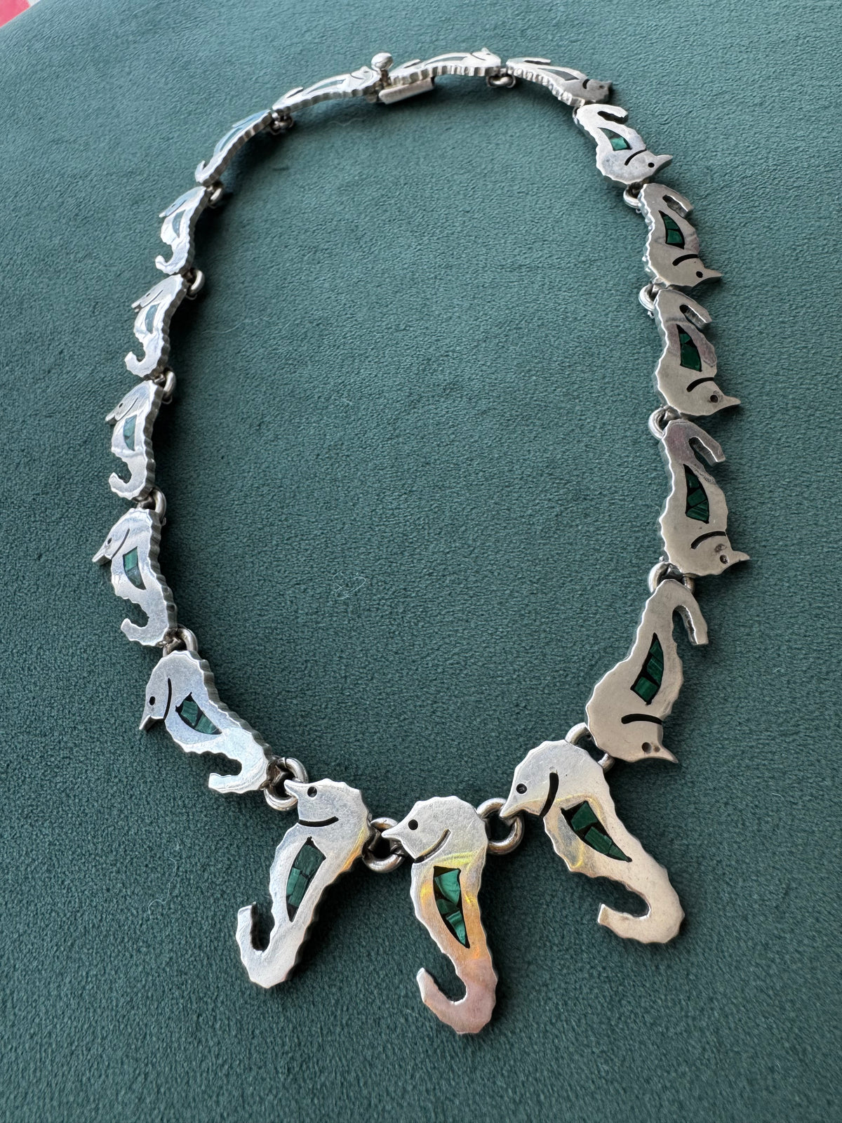 Vintage Mexico Sterling Silver Malachite Seahorse Link Necklace