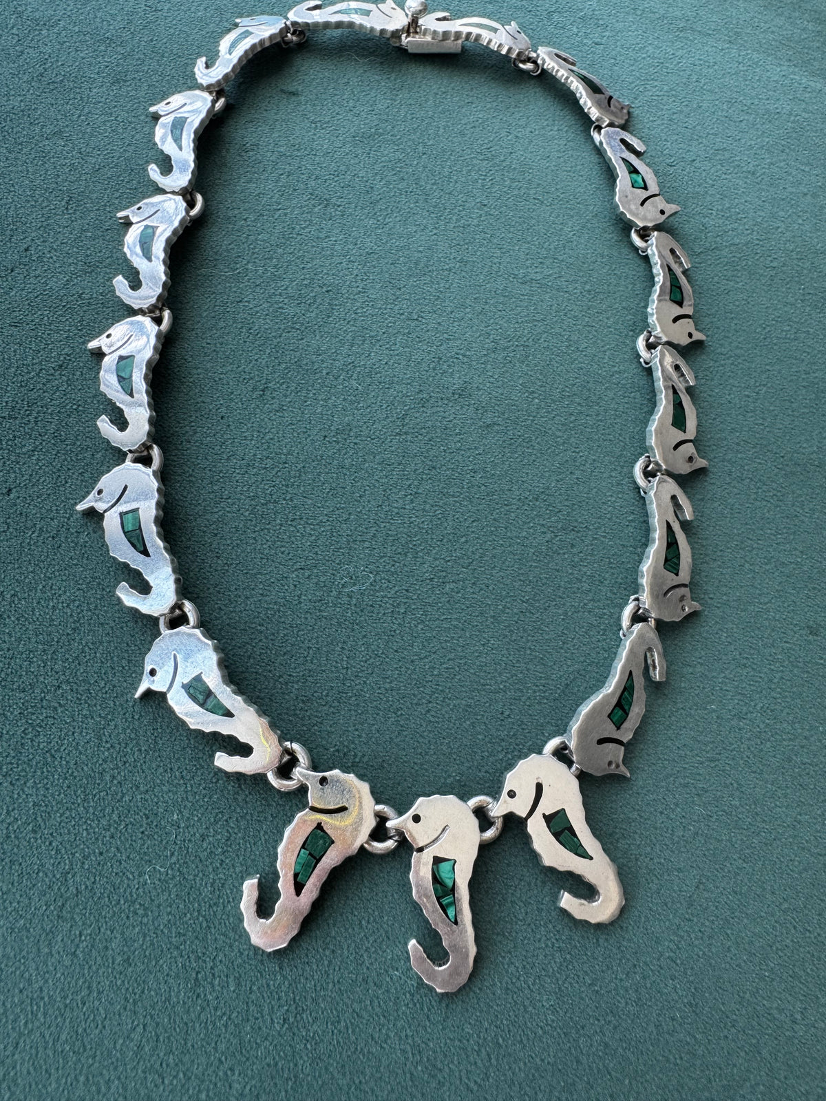 Vintage Mexico Sterling Silver Malachite Seahorse Link Necklace