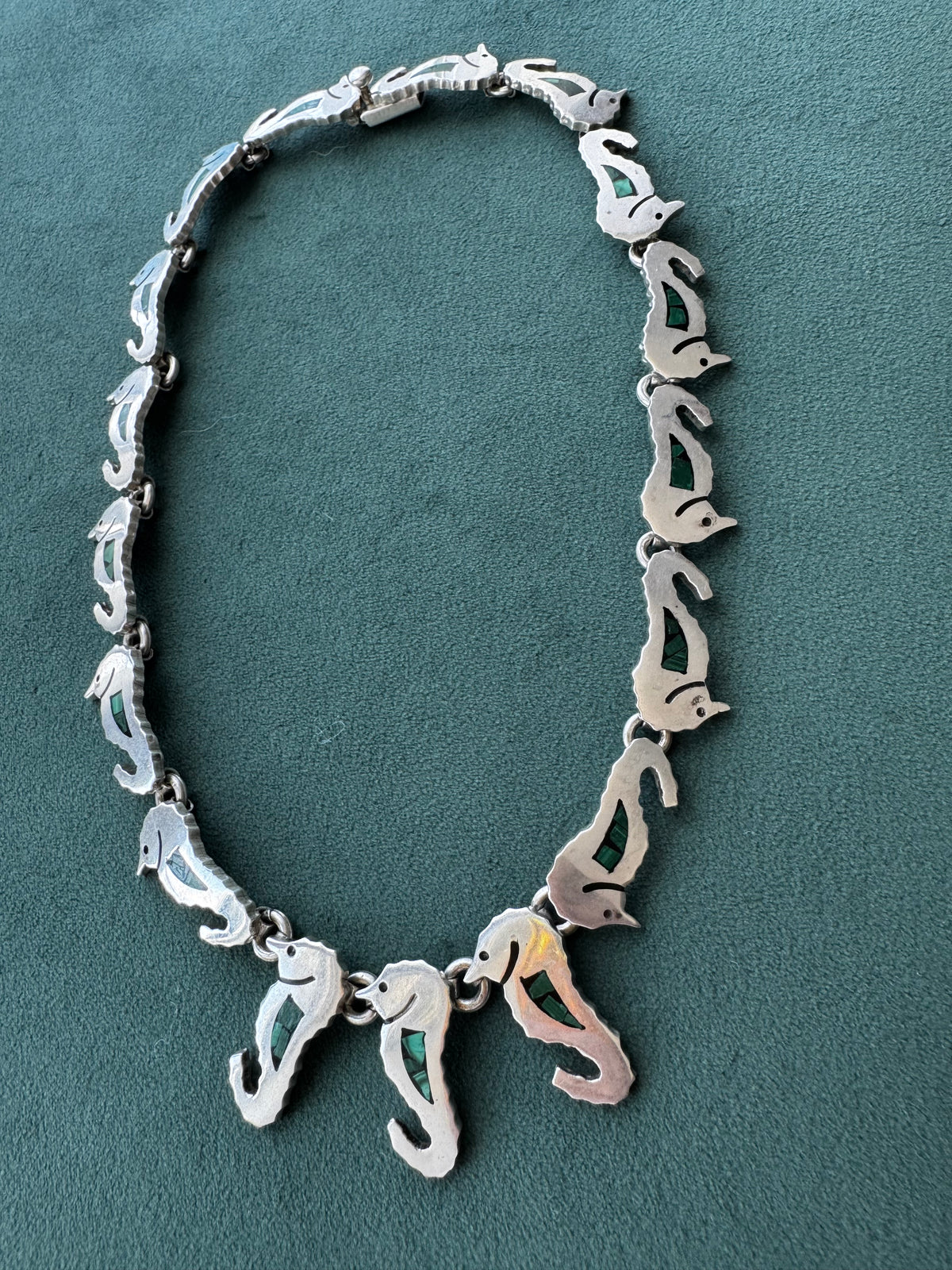 Vintage Mexico Sterling Silver Malachite Seahorse Link Necklace