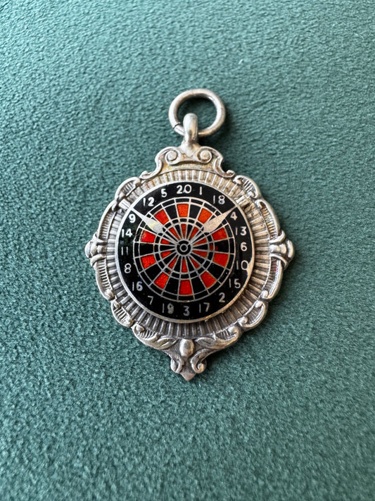 Vintage 1945 Sterling Silver Enamel Dartboard Fob Medal Award Hammersmith Darts League Trophy