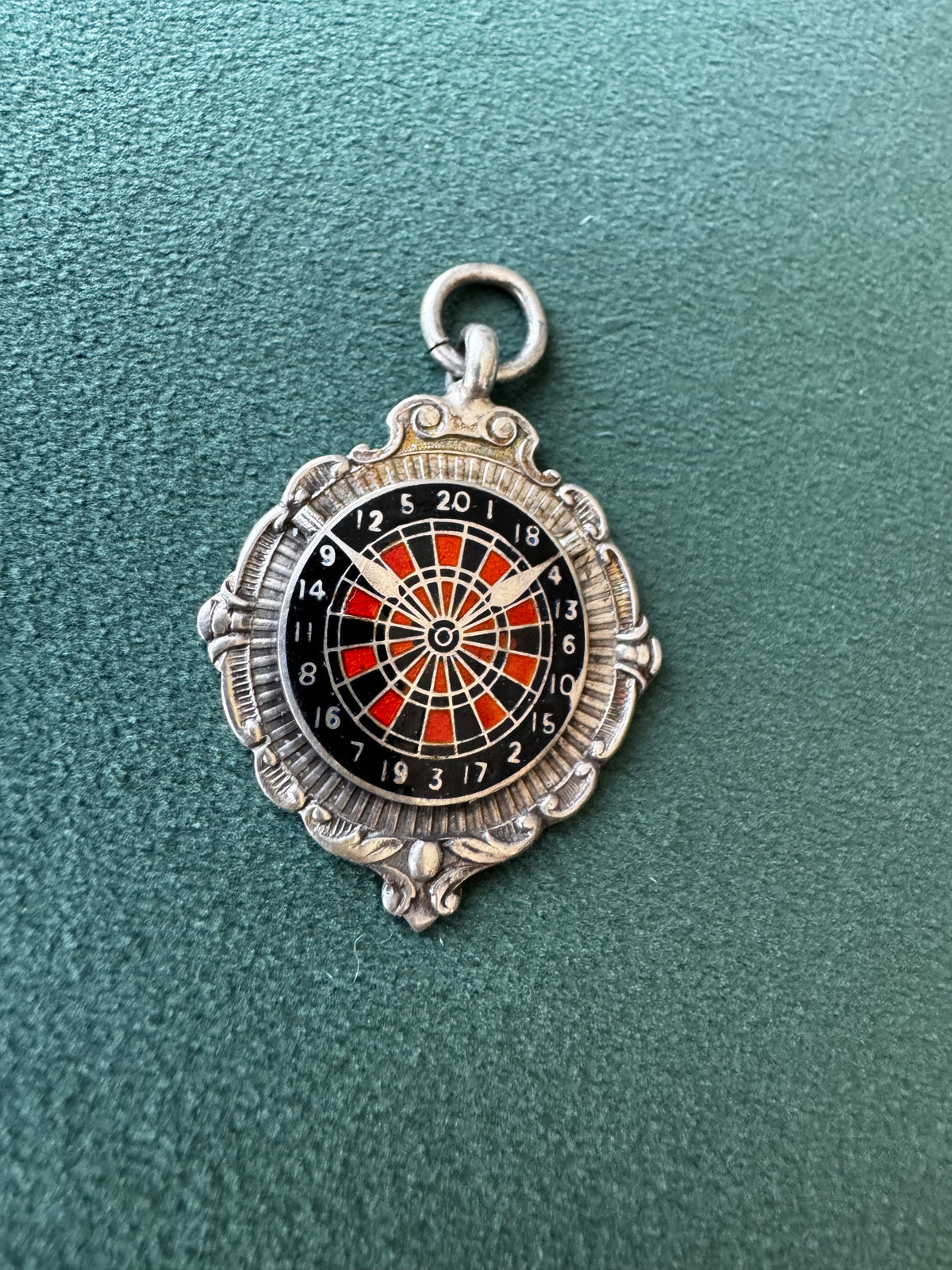 Vintage 1945 Sterling Silver Enamel Dartboard Fob Medal Award Hammersmith Darts League Trophy