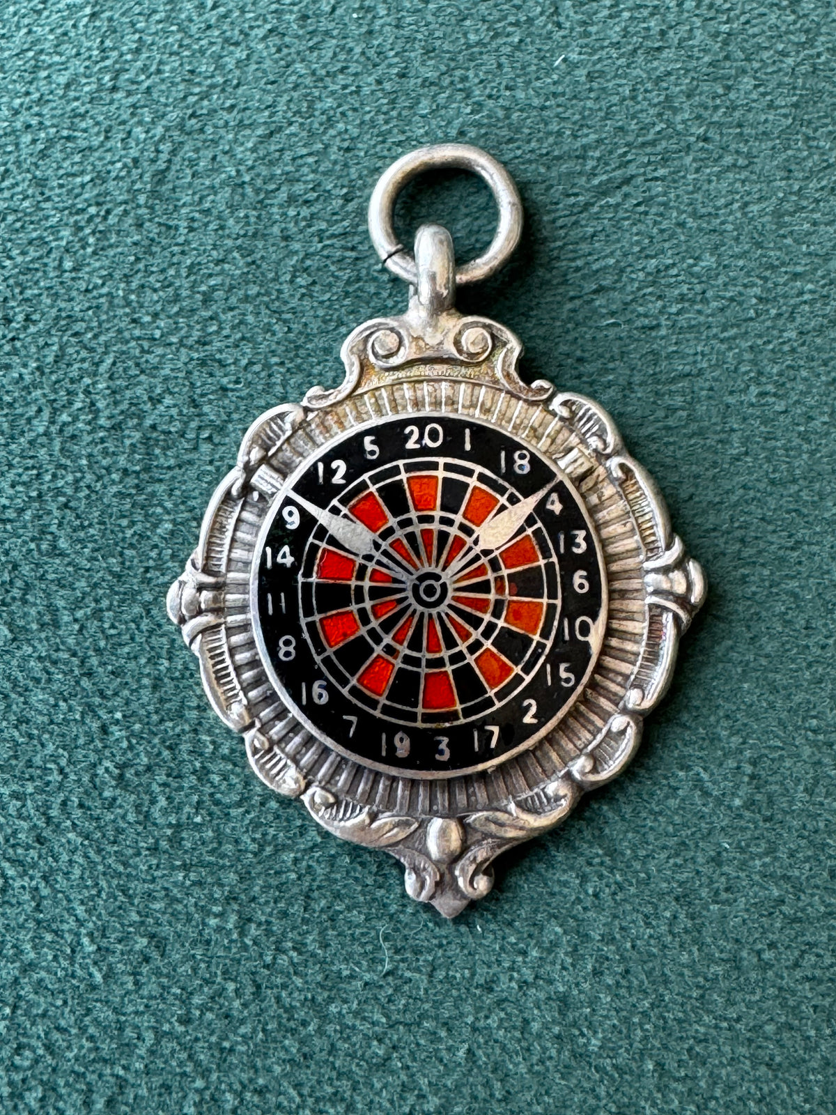Vintage 1945 Sterling Silver Enamel Dartboard Fob Medal Award Hammersmith Darts League Trophy