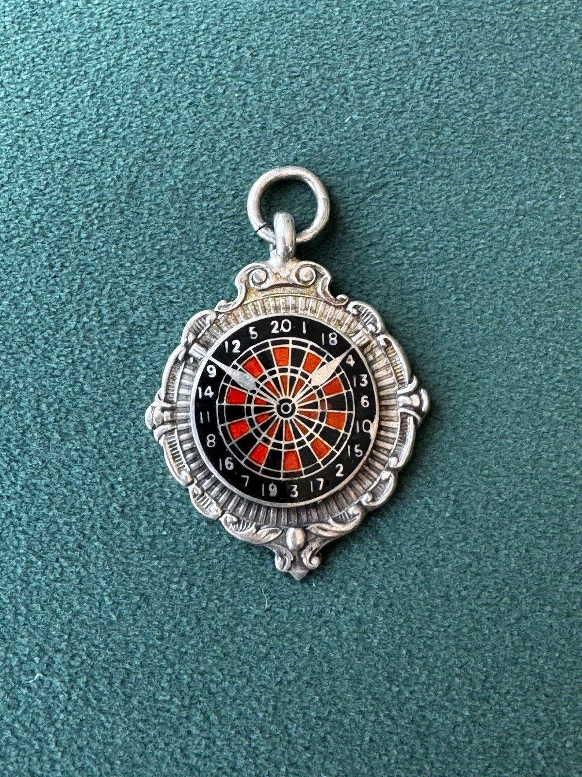 Vintage 1945 Sterling Silver Enamel Dartboard Fob Medal Award Hammersmith Darts League Trophy