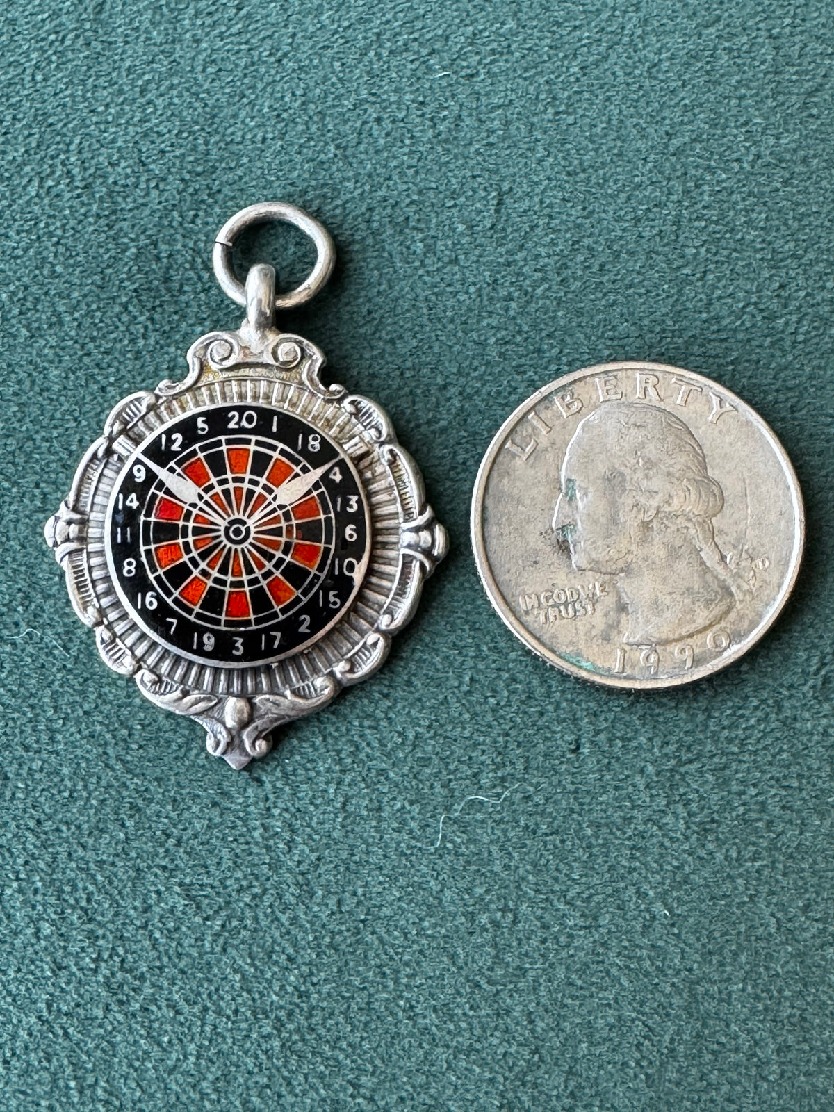 Vintage 1945 Sterling Silver Enamel Dartboard Fob Medal Award Hammersmith Darts League Trophy