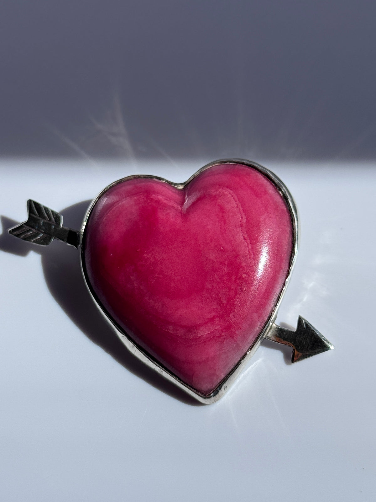 Vintage Mexican Sterling Silver Rhodochrosite Heart Arrow Brooch Pin Pink Stone Valentine Love