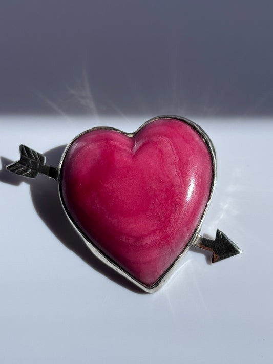 Vintage Mexican Sterling Silver Rhodochrosite Heart Arrow Brooch Pin Pink Stone Valentine Love