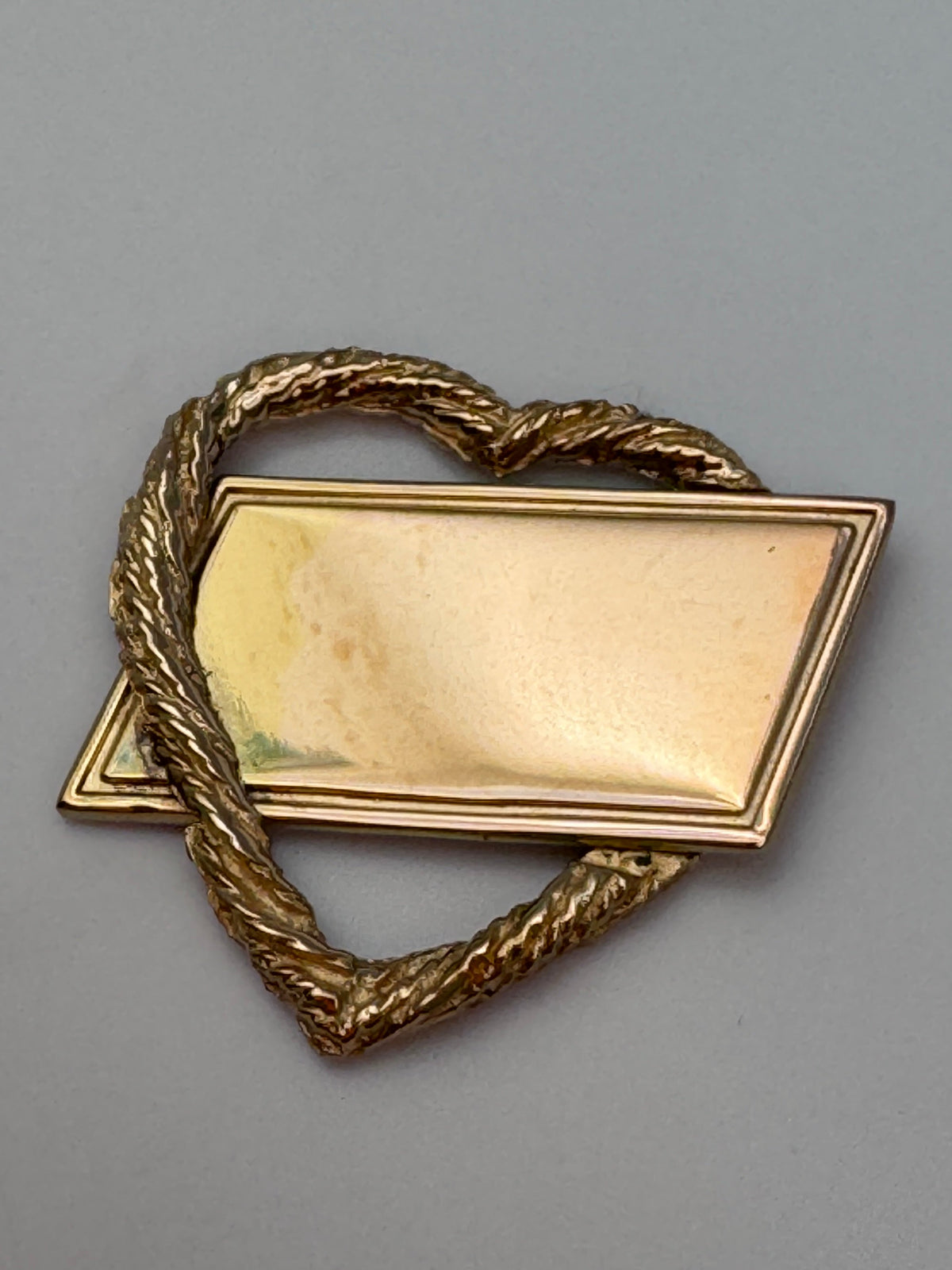 Vintage 14k gold heart-shaped rope chain pendant with gold cartouche, converted from brooch, 4.95 grams estate jewelry