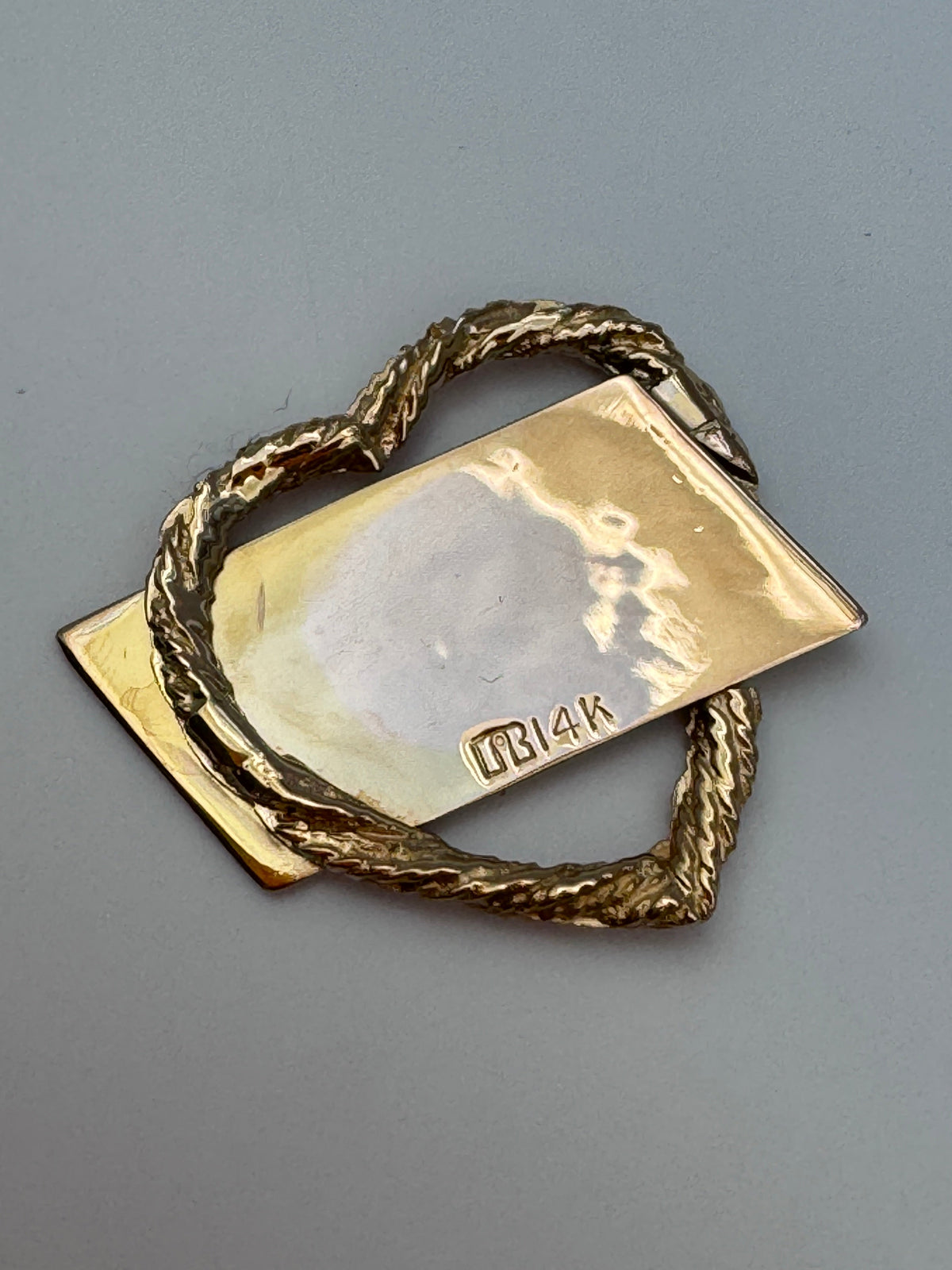 Vintage 14k gold heart-shaped rope chain pendant with gold cartouche, converted from brooch, 4.95 grams estate jewelry