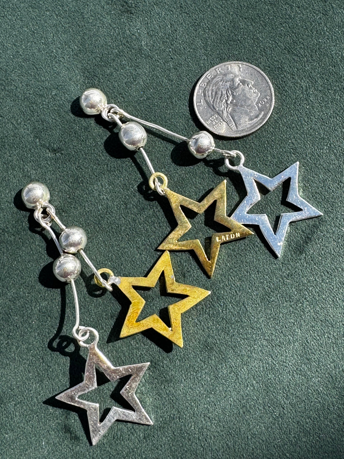 Vintage Laton Mexico Sterling Silver and Brass Double Star Dangle Earrings Mixed Metal Taxco