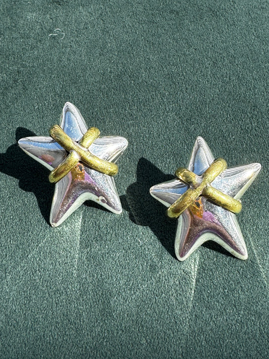 Mexico 925 Sterling Silver and Brass Two-Tone Puffy Star Earrings Large Statement Studs 13.89g