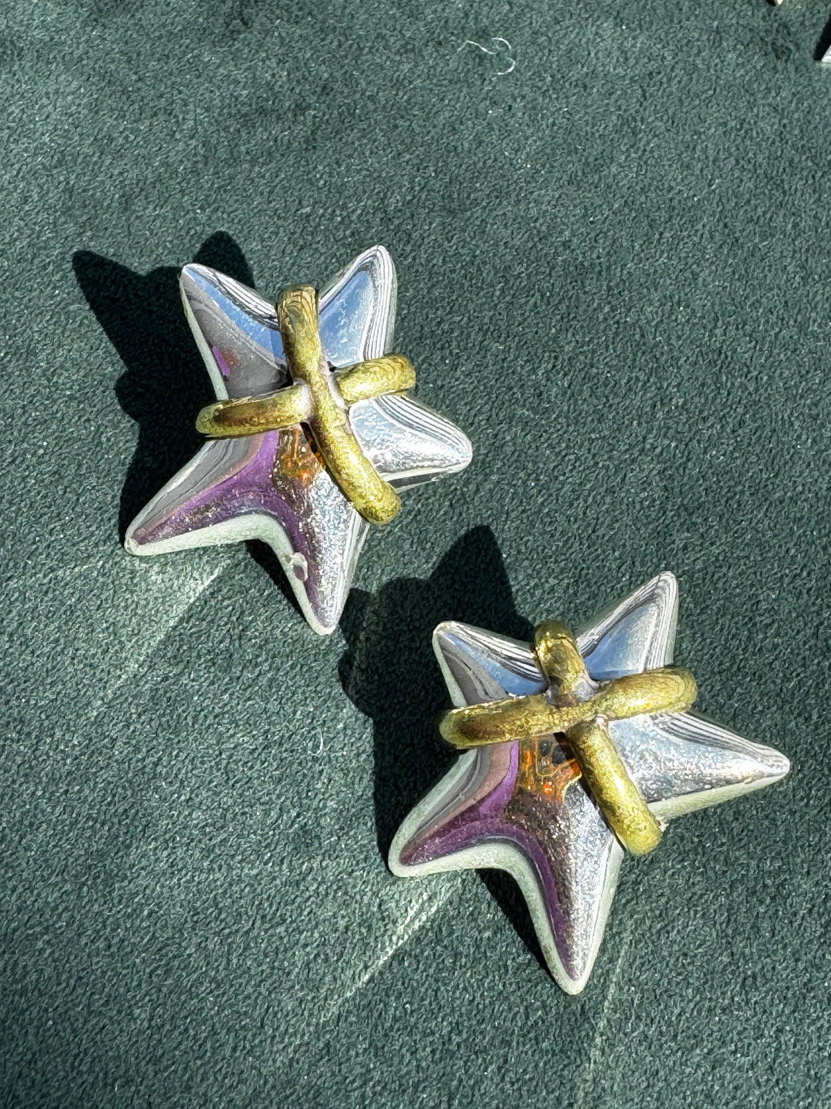 Mexico 925 Sterling Silver and Brass Two-Tone Puffy Star Earrings Large Statement Studs 13.89g