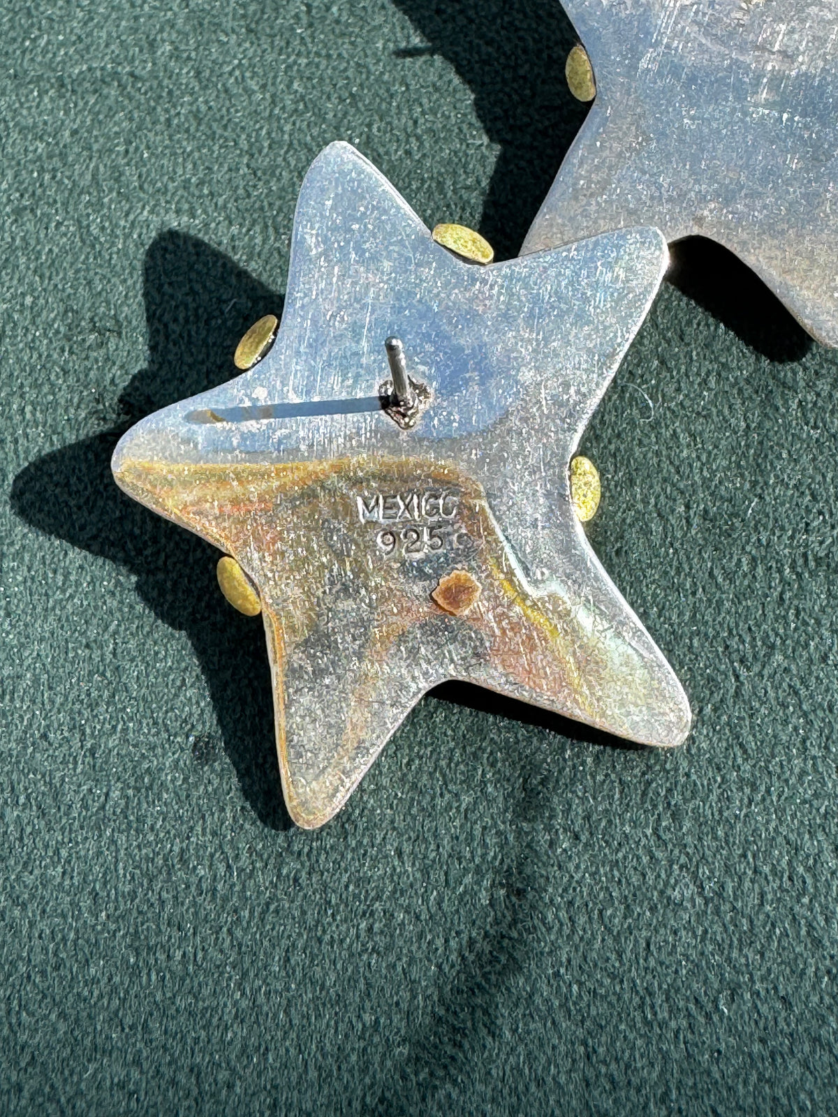 Mexico 925 Sterling Silver and Brass Two-Tone Puffy Star Earrings Large Statement Studs 13.89g