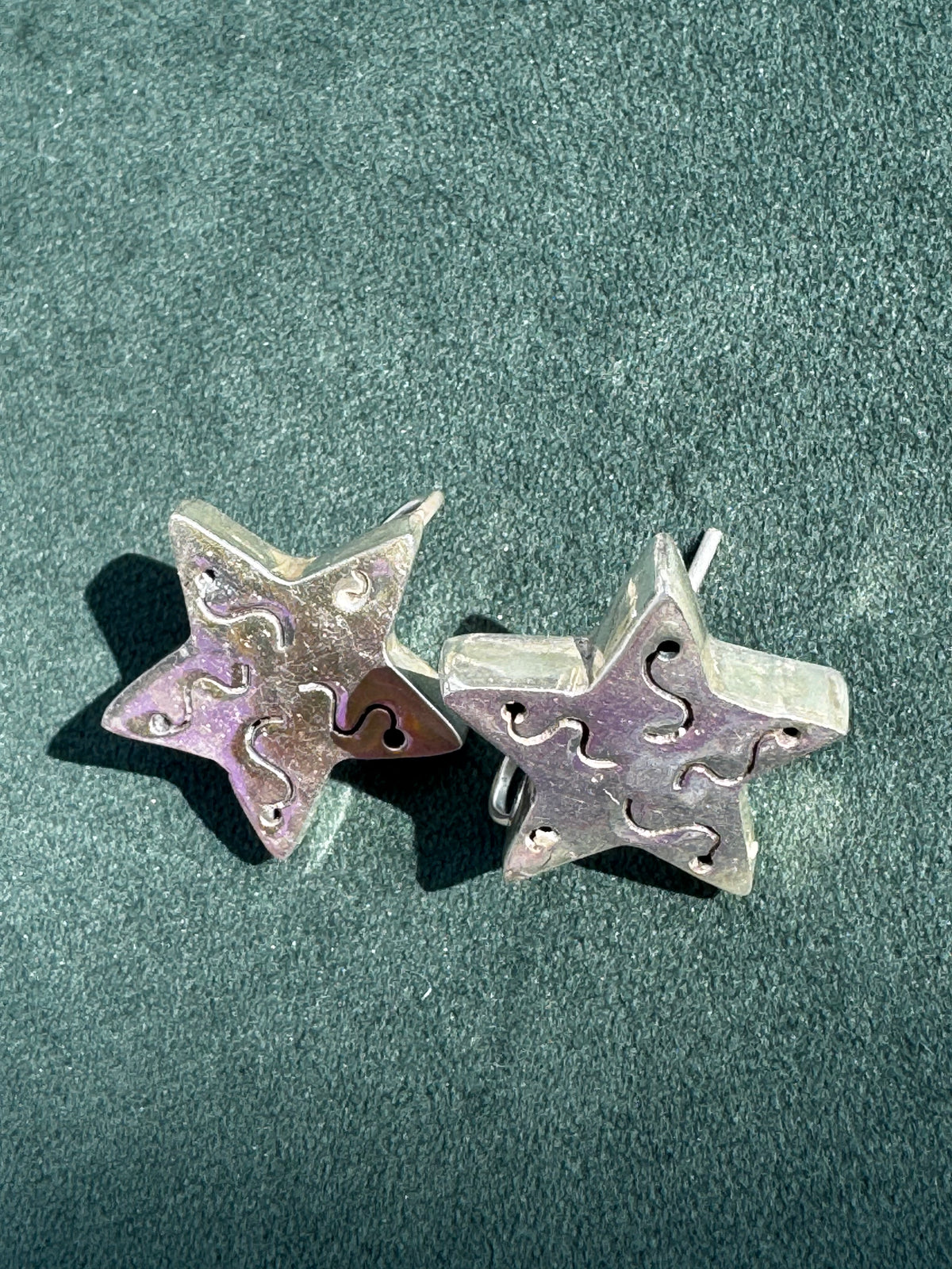 Vintage Mexico Sterling Silver Star Earrings Squiggles and Smiles 1990s