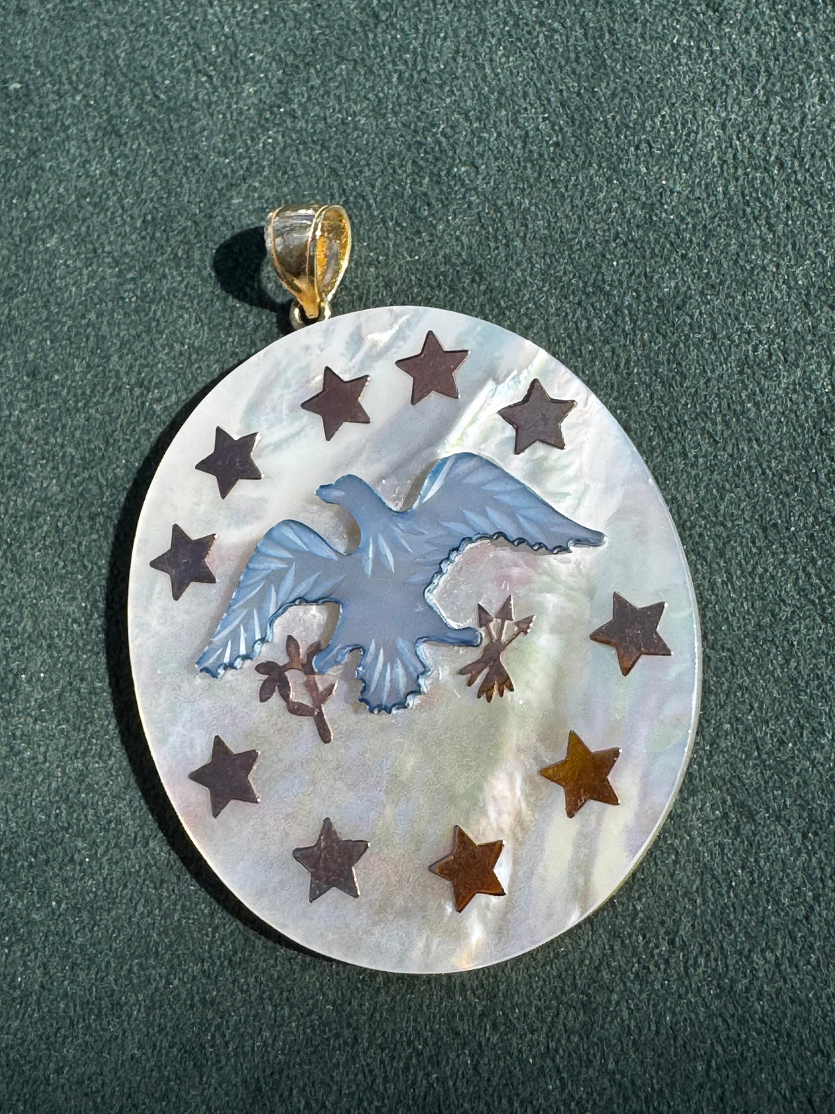 14K Gold and Mother of Pearl Eagle and Stars Pendant Patriotic Fine Jewelry 250th Anniversary