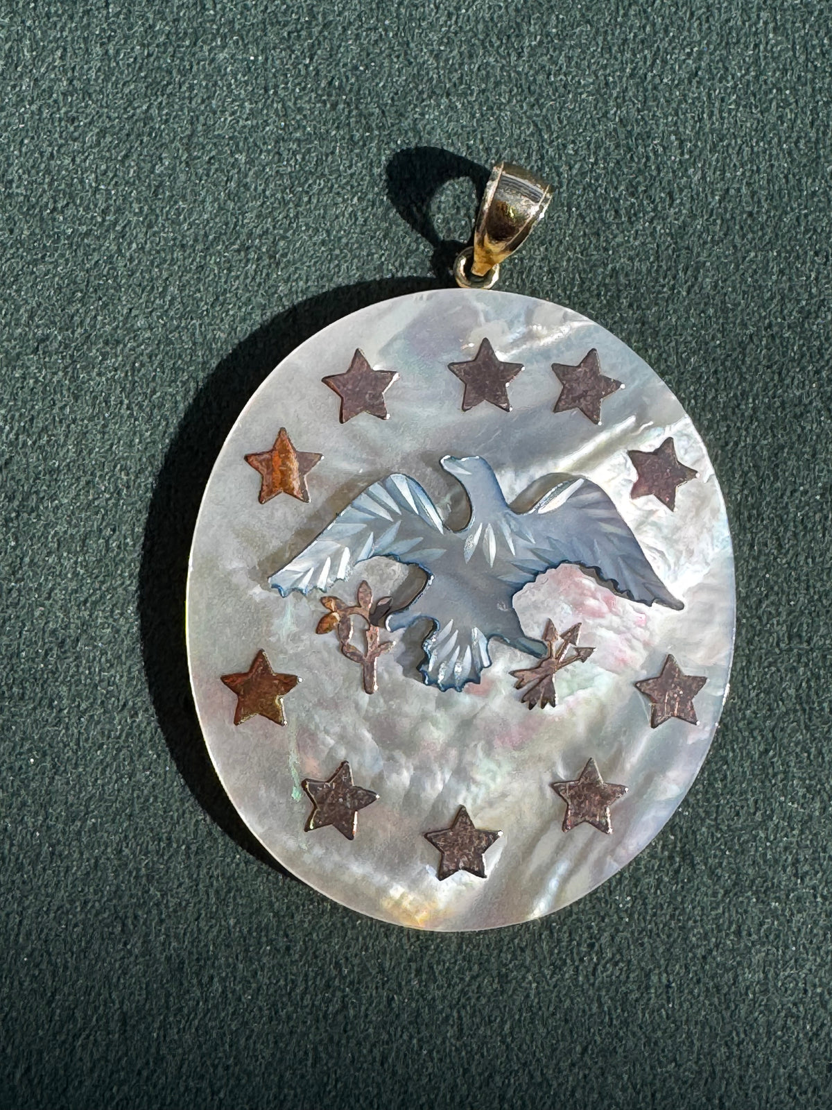 14K Gold and Mother of Pearl Eagle and Stars Pendant Patriotic Fine Jewelry 250th Anniversary