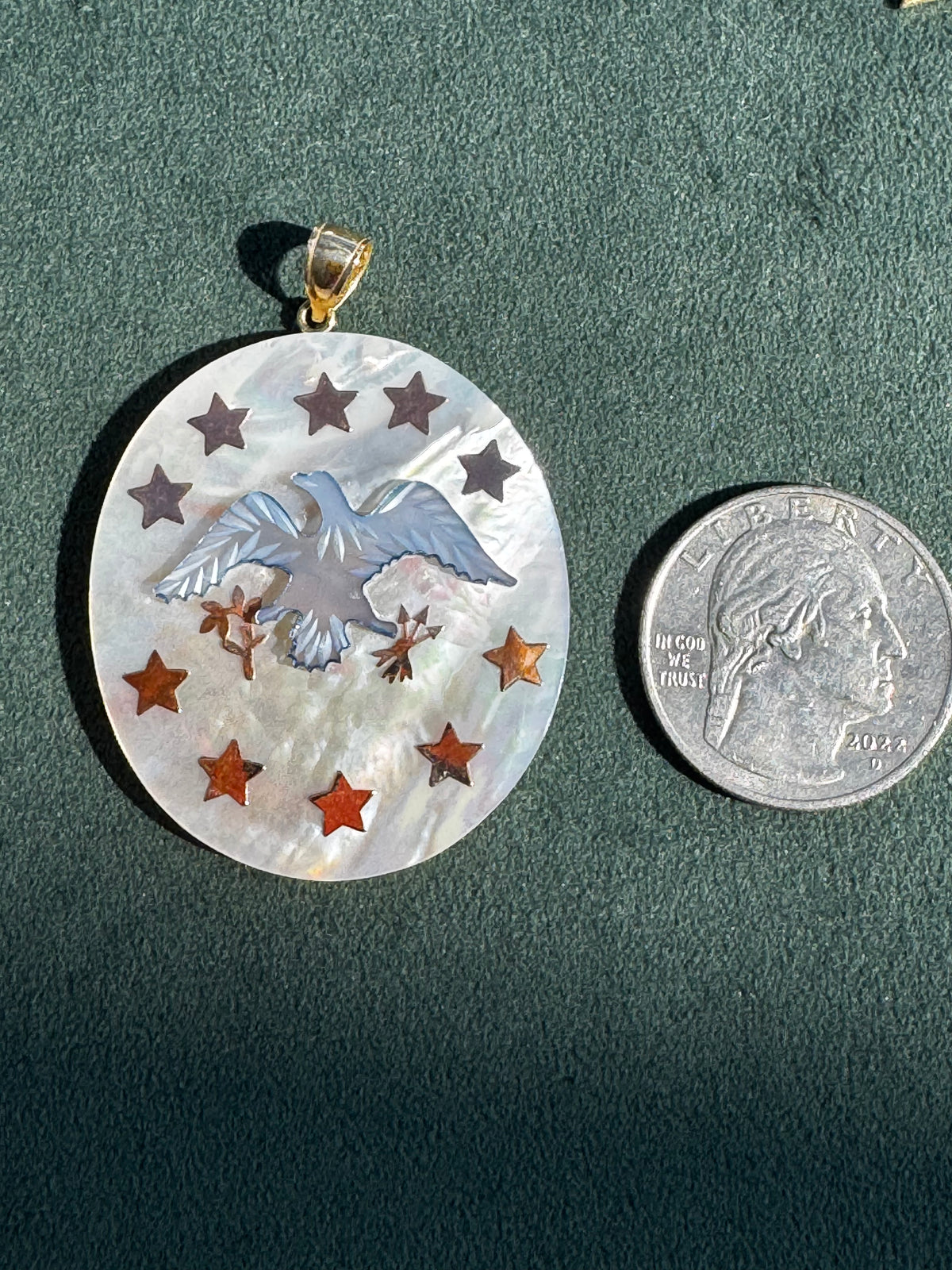 14K Gold and Mother of Pearl Eagle and Stars Pendant Patriotic Fine Jewelry 250th Anniversary