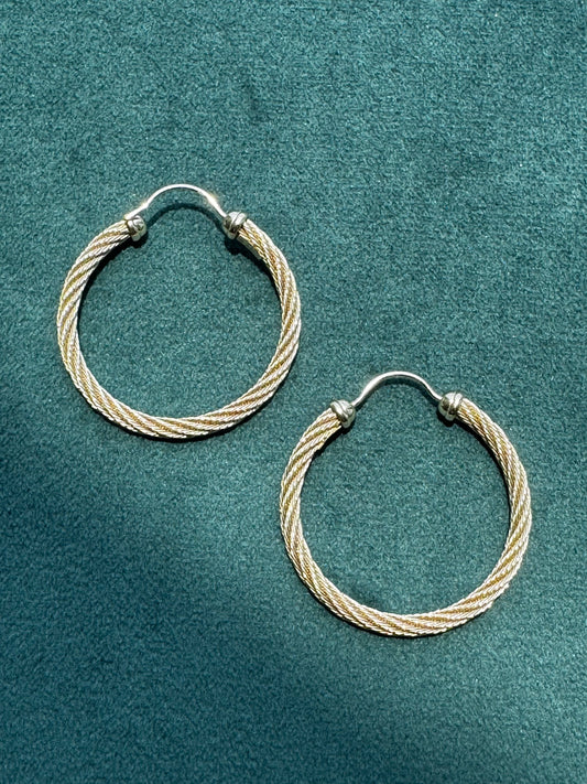 14K Gold Twisted Cable Rope Hoop Earrings 2 Inch Ball Point Latch 5.4g