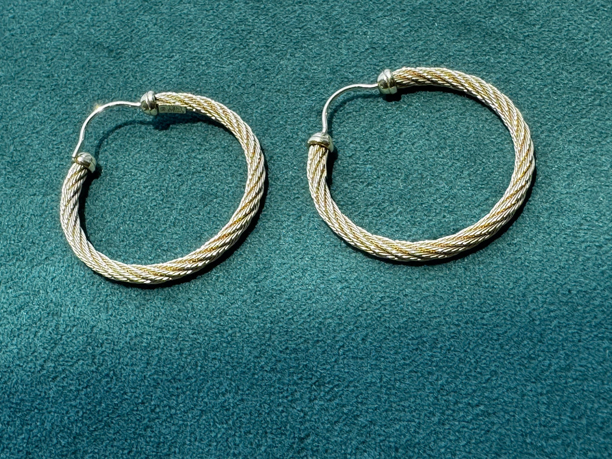 14K Gold Twisted Cable Rope Hoop Earrings 2 Inch Ball Point Latch 5.4g