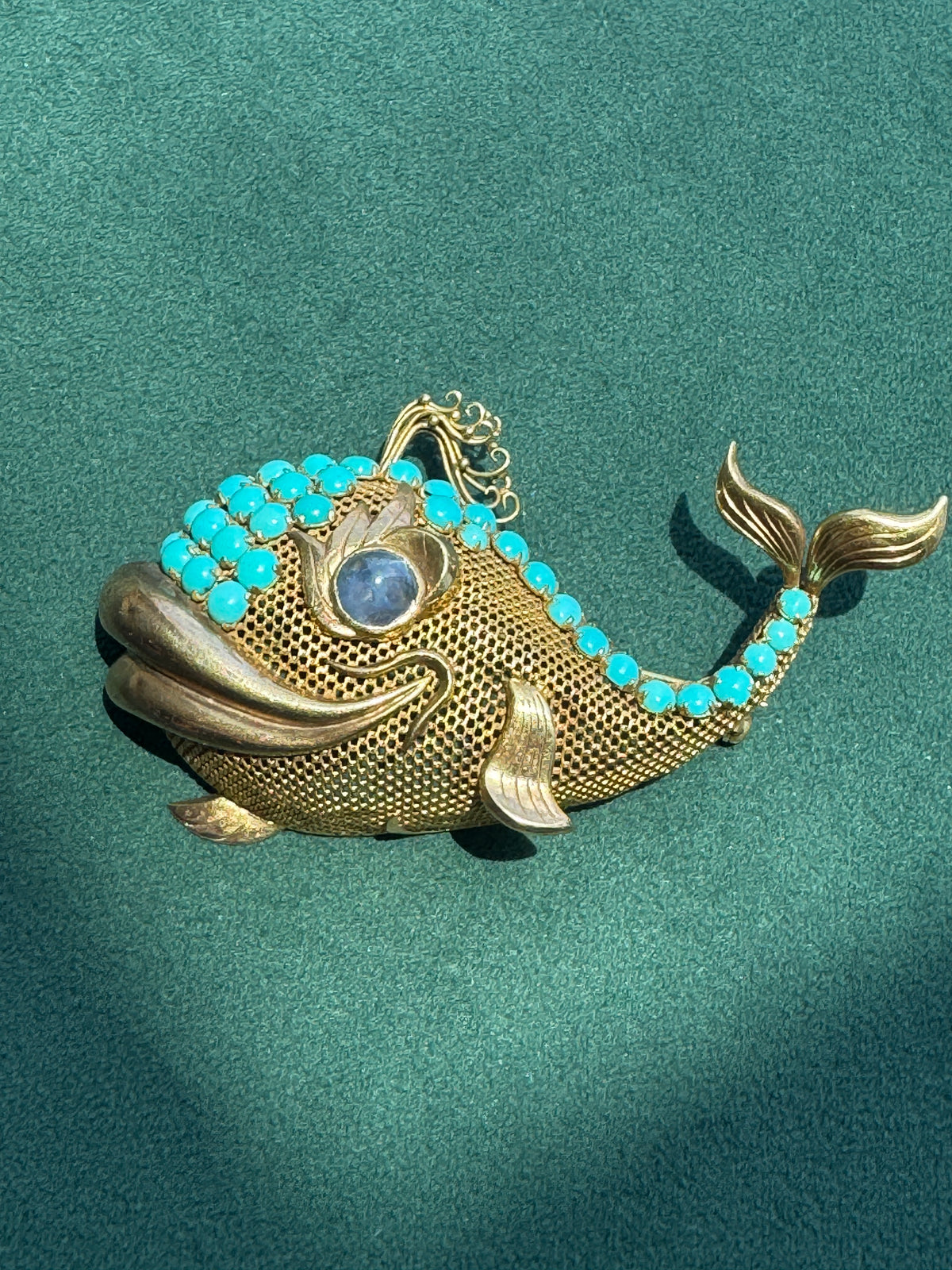 Vintage Mid-Century 14K Gold Whale Brooch Turquoise Sapphire Eye