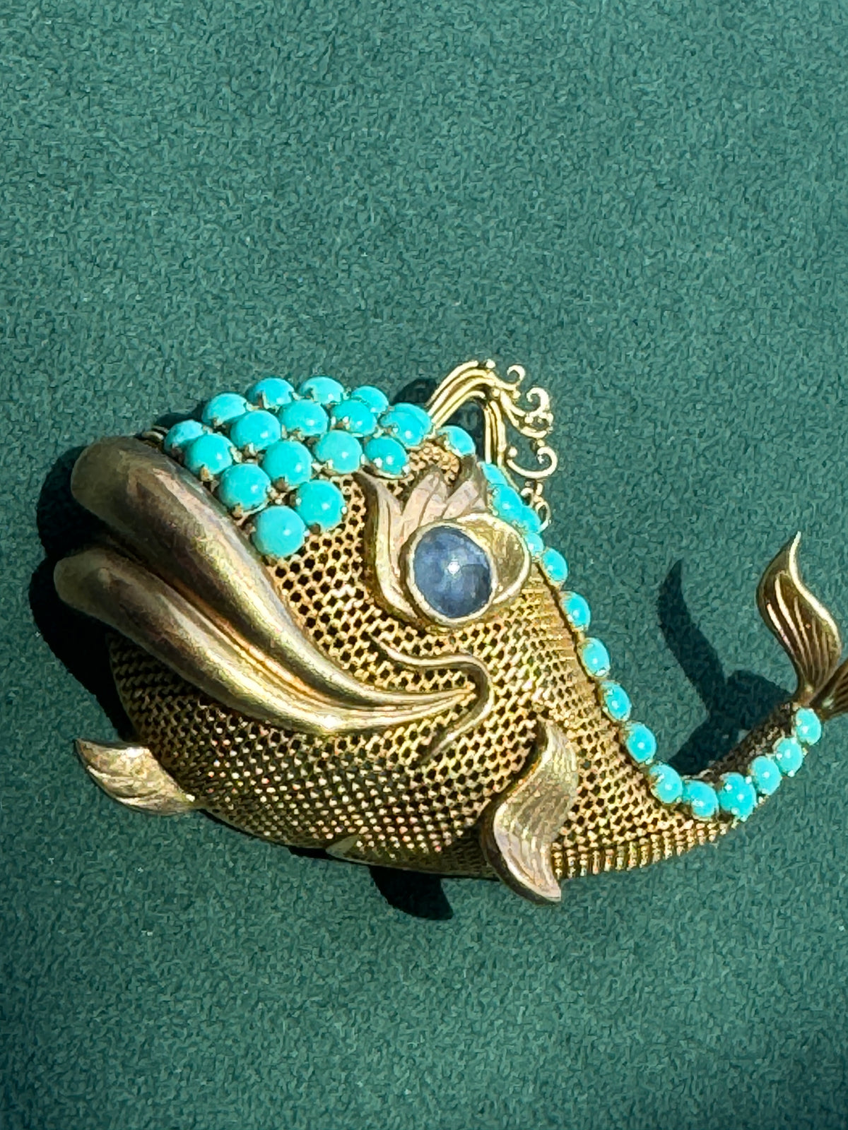 Vintage Mid-Century 14K Gold Whale Brooch Turquoise Sapphire Eye